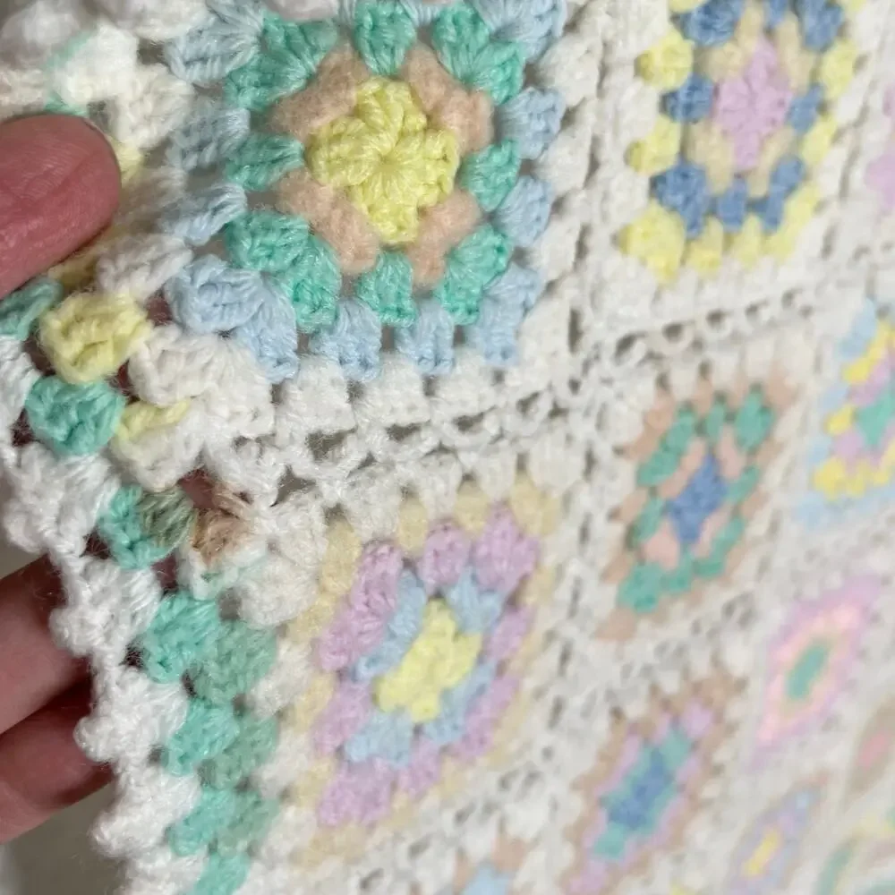 Handmade Crochet Granny Square Baby Blanket Small Ivory Pastel Colorful Knit